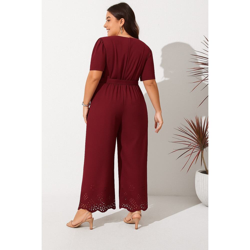 Plus Size 6X / 30 BloomChic Laser Cut Hem Shirred Wide Leg Jumpsuit with Pockets - Picture 2 of 2